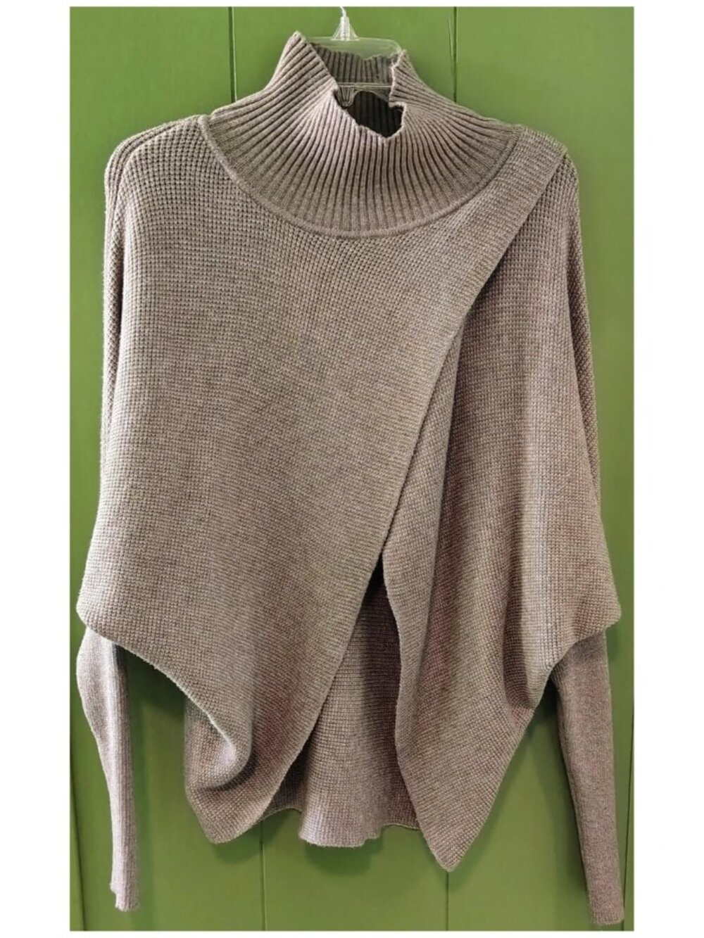 Elan Gray Crossover Wrap Style Poncho Sweater Sz M Med Dolman Sleeve Turtleneck